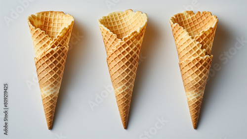 three waffle cup ice cream on white isolated background, production and sale of ice cream as a business, production technology, factory advertising