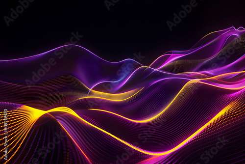 Electric neon lines in shades of purple and yellow. Abstract neon art on black background.