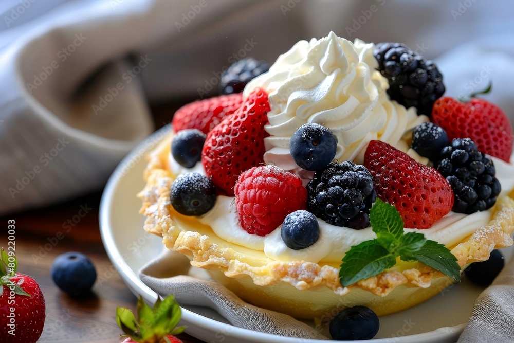 A dessert plate with fresh berries and a dollop of whipped cream, showcasing a sweet and creamy treat, A decadent dessert topped with whipped cream and fresh berries A dessert plate with fresh berries and a dollop of whipped cream, showcasing a sweet and creamy treat, A decadent dessert topped with whipped cream and fresh berries