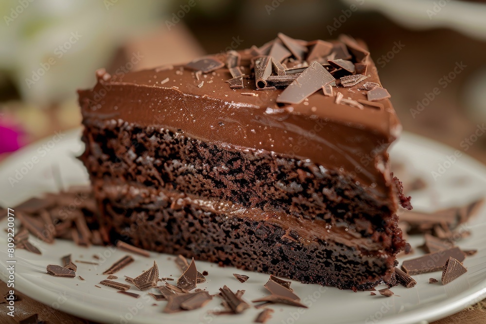 A slice of rich chocolate cake resting on a white plate, A decadent slice of chocolate cake topped with rich fudge icing and chocolate shavings A slice of rich chocolate cake resting on a white plate, A decadent slice of chocolate cake topped with rich fudge icing and chocolate shavings