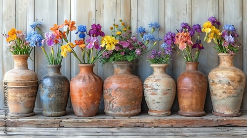  A row of vibrant vases with blooming flowers sits atop a wooden ledge, framed by a wooden backdrop © Anna
