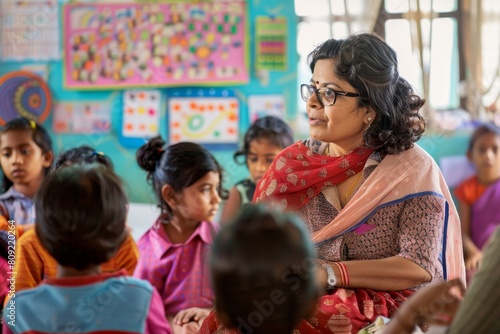 A female teacher stands in front of a group of children, guiding them, A dedicated teacher guiding her students with passion and knowledge