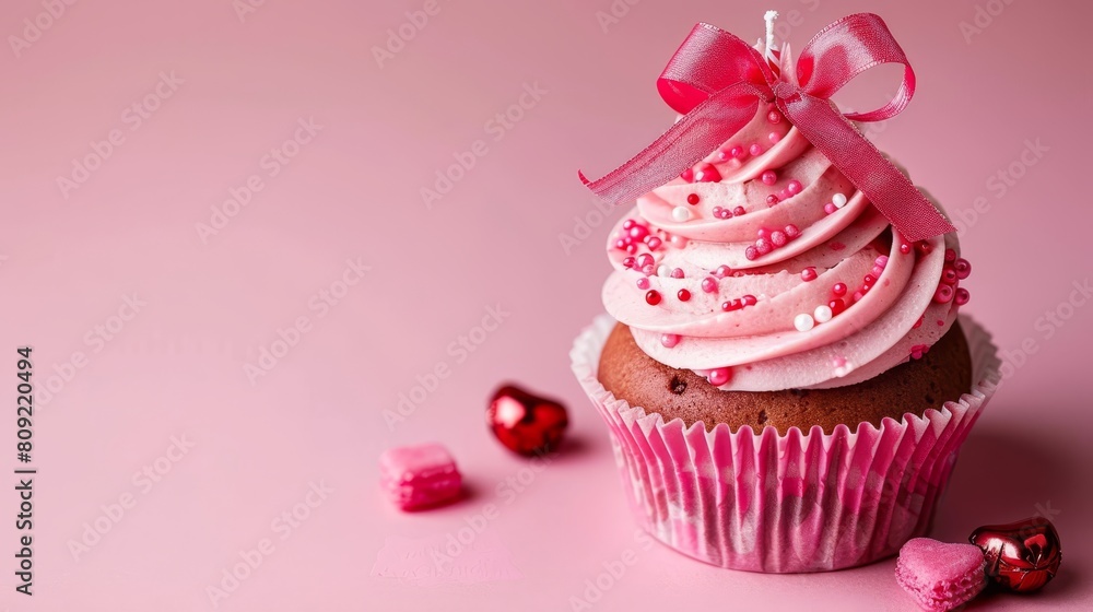 A cupcake with pink frosting, sprinkles, and a pink bow atop, against a pink background A cupcake with pink frosting, sprinkles, and a pink bow atop, against a pink background