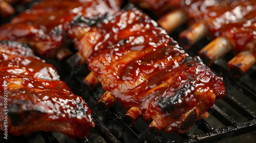 Delicious tasty american style pork ribs with bbq sauce on the grill Delicious tasty american style pork ribs with bbq sauce on the grill
