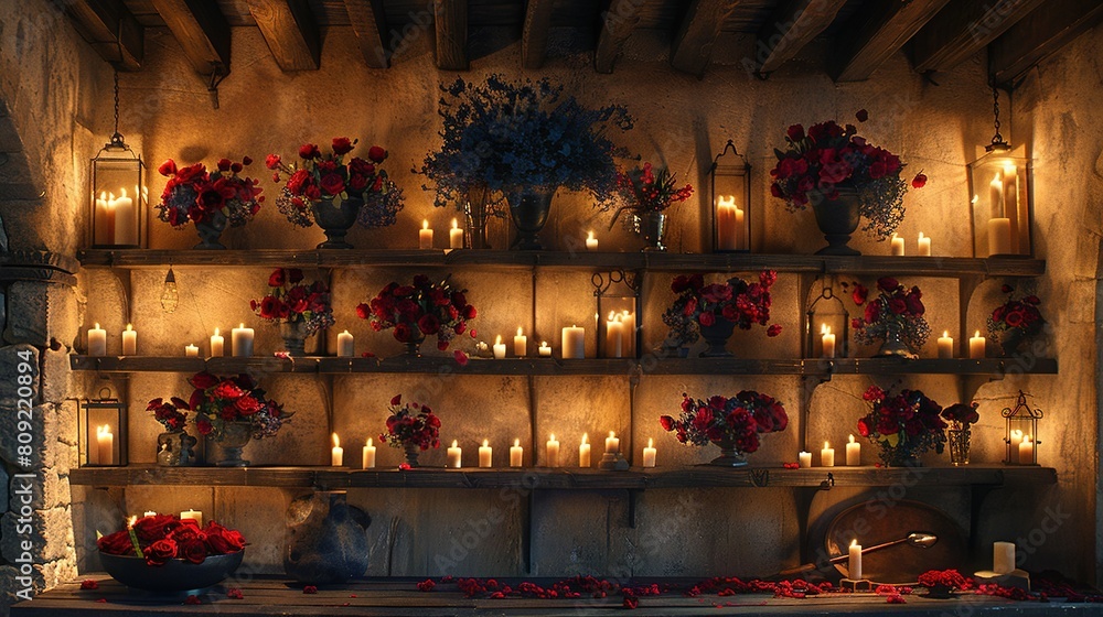 A wall with abundant flowers and vases brimming with red roses, accompanied by a nearby shelf adorned with various candles A wall with abundant flowers and vases brimming with red roses, accompanied by a nearby shelf adorned with various candles