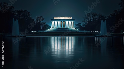 Nighttime View of Memorial  Illuminated Historical Landmark Reflects