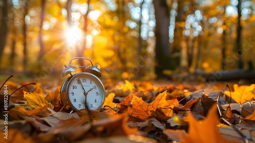 Concept, daylight saving time. Sommer time, winter time, changeover, switch of time. Sommer or winter time. Clock as a timer for celebrations. Autumnal forest and leaves