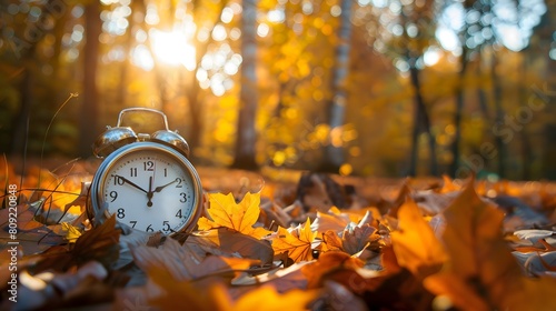 Concept, daylight saving time. Sommer time, winter time, changeover, switch of time. Sommer or winter time. Clock as a timer for celebrations. Autumnal forest and leaves photo