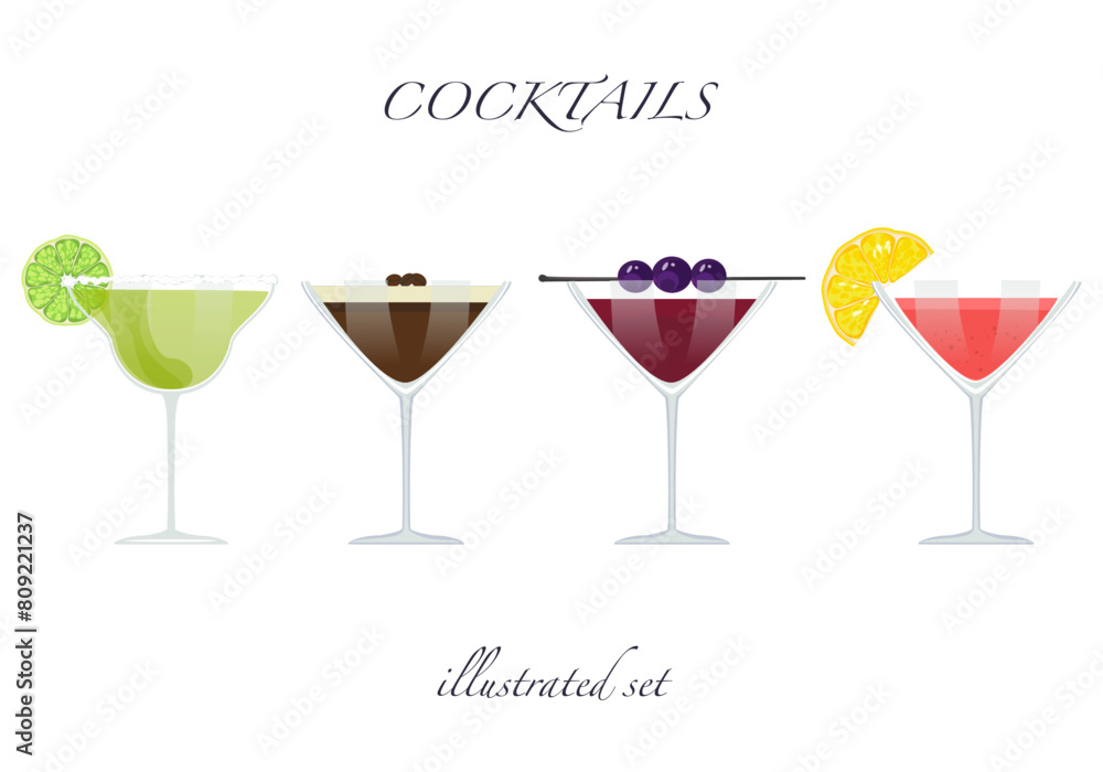Set of flat cocktail vector illustrations Classic cocktails in different types of glasses Summer aperitif for the menu. Alcoholic drinks. White background is easy to edit. Set of flat cocktail vector illustrations Classic cocktails in different types of glasses Summer aperitif for the menu. Alcoholic drinks. White background is easy to edit.