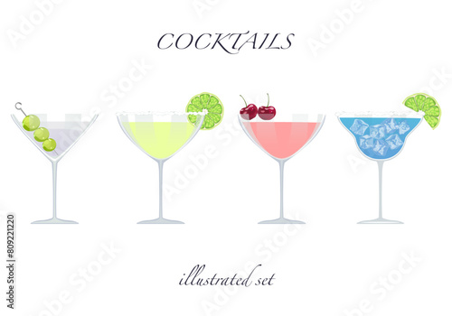 Set of flat cocktail vector illustrations Classic cocktails in different types of glasses Summer aperitif for the menu. Alcoholic drinks. White background is easy to edit.