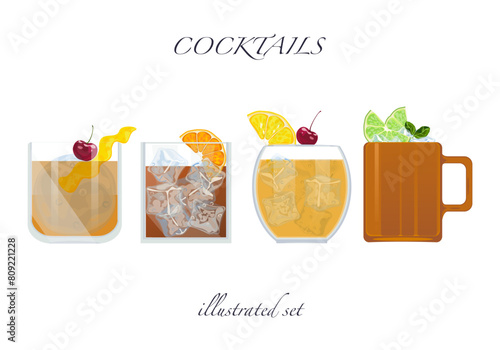 Set of flat cocktail vector illustrations Classic cocktails in different types of glasses Summer aperitif for the menu. Alcoholic drinks. White background is easy to edit.