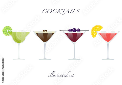 Set of flat cocktail vector illustrations Classic cocktails in different types of glasses Summer aperitif for the menu. Alcoholic drinks. White background is easy to edit.