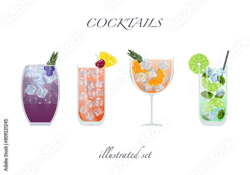 Set of flat cocktail vector illustrations Classic cocktails in different types of glasses Summer aperitif for the menu. Alcoholic drinks. White background is easy to edit.