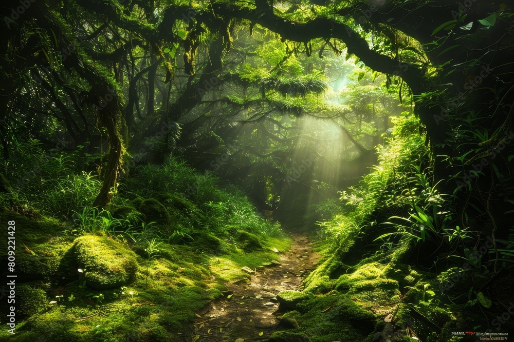 Obraz premium A path winding through thick green foliage in a lush forest with sunlight filtering through the canopy, A dense forest canopy with sunlight streaming through the leaves onto a moss-covered trail