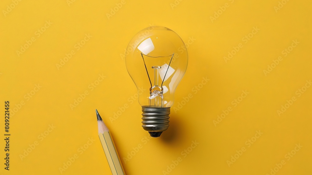 © Khalida - Business creativity and inspiration concepts are conveyed with a lightbulb and pencil against a yellow background, motivating for success and encouraging big ideas. © Khalida - Business creativity and inspiration concepts are conveyed with a lightbulb and pencil against a yellow background, motivating for success and encouraging big ideas.