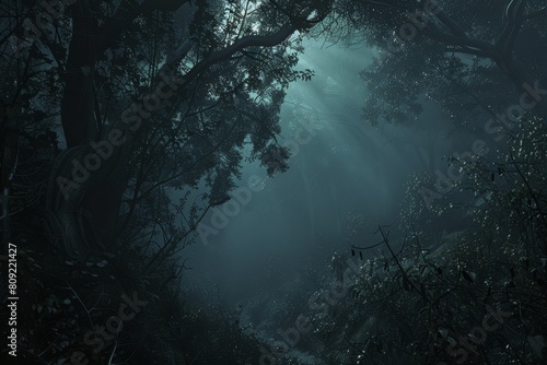 A dark forest with numerous trees shrouded in dense fog  A dense fog blanketing a mysterious and ancient forest
