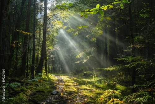 A path winding through a forest, with sunbeams shining through dense tree canopy, A dense forest canopy with sunlight streaming through the leaves onto a moss-covered trail
