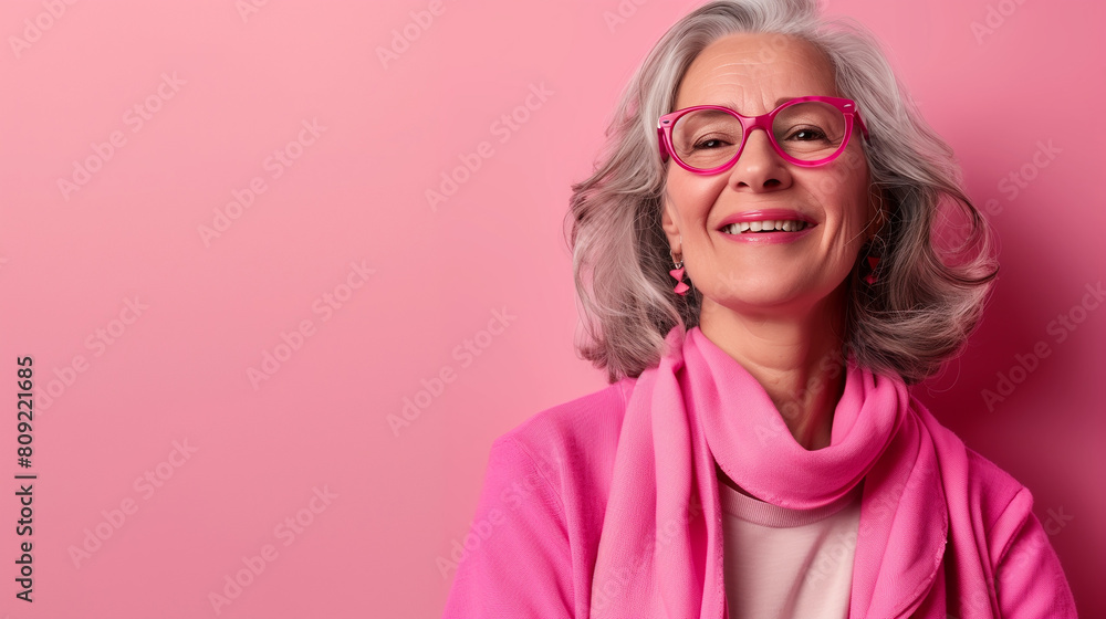 Smiling happy mature woman, pink background Smiling happy mature woman, pink background