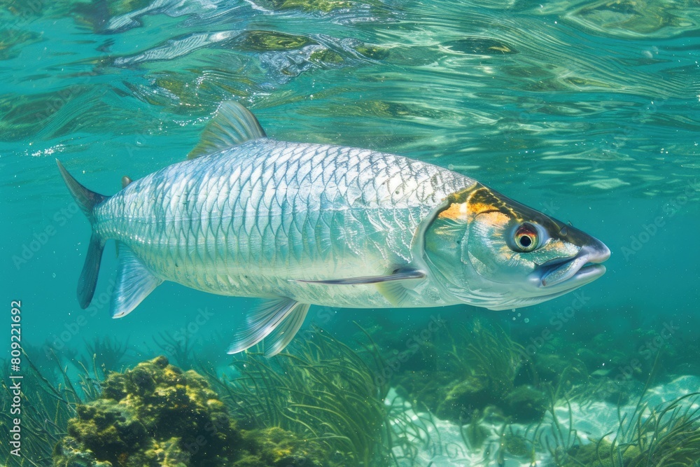 Isolated Tarpon Fish in the Blue Waters of the Atlantic Ocean, Bahamas and Florida Underwater Isolated Tarpon Fish in the Blue Waters of the Atlantic Ocean, Bahamas and Florida Underwater