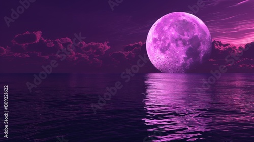 Giant purple moon over a dark violet ocean