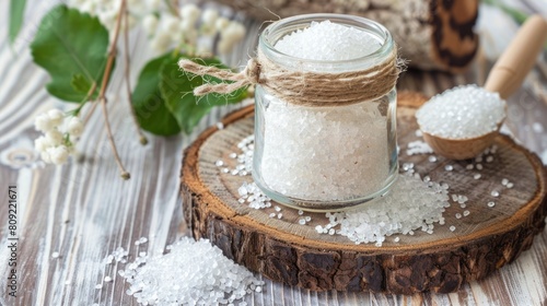 Wallpaper Mural Modern Sugar Substitute - Xylitol Birch Jar with Green Leaves and Wood. Hygiene and Mineral Torontodigital.ca