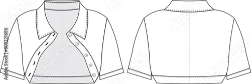 collared buttoned short sleeve fit cropped crop bolero shirt denim jean template technical drawing flat sketch cad mockup fashion woman design style model
