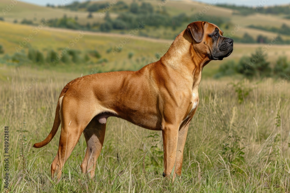 Lateral View of Boerboel Dog Standing on Summer Meadow in Nature Lateral View of Boerboel Dog Standing on Summer Meadow in Nature