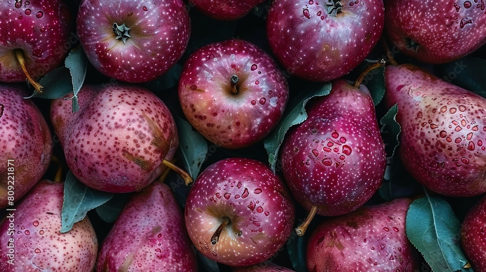 Red apples atop green leaves, on red apples Red apples atop green leaves, on red apples