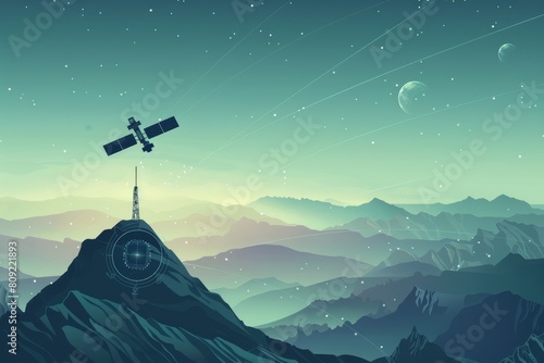 Fototapeta Naklejka Na Ścianę i Meble -  A space station is perched on top of a mountain, overlooking the landscape, A depiction of satellite surveillance scanning a remote location