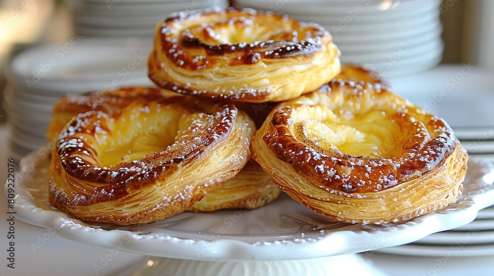A white plate with a pile of pastries on top, resting atop a white tablecloth-covered table A white plate with a pile of pastries on top, resting atop a white tablecloth-covered table