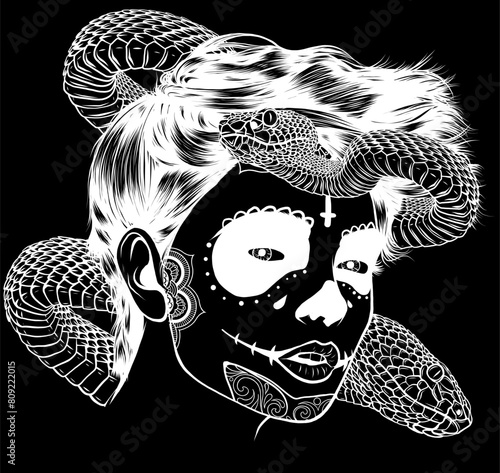 white silhouette of snakes around woman head vector hand draw