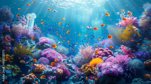A colorful underwater scene with many fish and coral © itchaznong