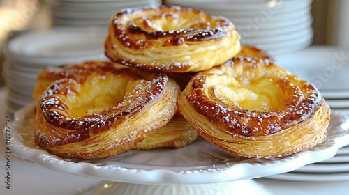   A white plate with a pile of pastries on top  resting atop a white tablecloth-covered table