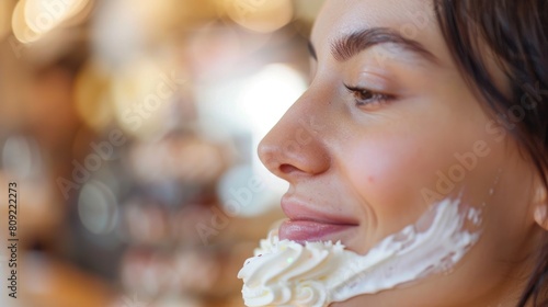 A woman indulges in a soft serve ice cream cone at a bakery  satisfying her food craving. With a smile on her face  she delicately licks the frozen dessert  eyelashes fluttering in delight AIG50