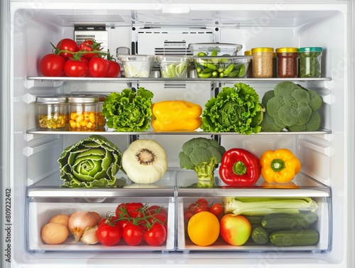Refrigerator is full of fresh vegetables and fruits