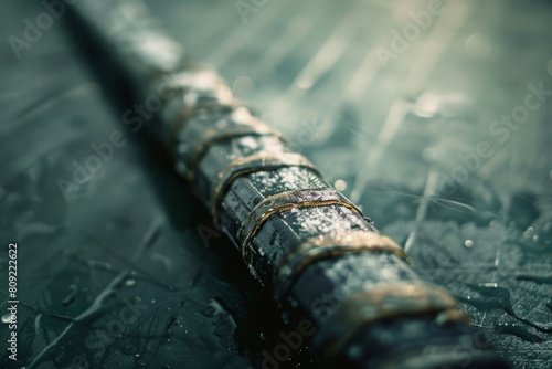 A detailed close-up showcasing a metal object placed on a table, A detailed close-up of a hockey stick photo