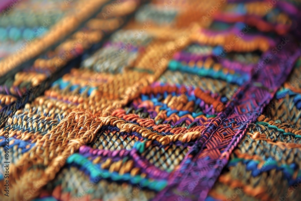 Detailed closeup of a colorful piece of cloth showcasing intricate patterns and vibrant hues, A detailed close-up of a woven textile with intricate patterns Detailed closeup of a colorful piece of cloth showcasing intricate patterns and vibrant hues, A detailed close-up of a woven textile with intricate patterns