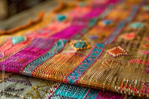 Detailed closeup of a vibrant, multicolored woven textile showing intricate patterns and textures, A detailed close-up of a woven textile with intricate patterns © Iftikhar alam