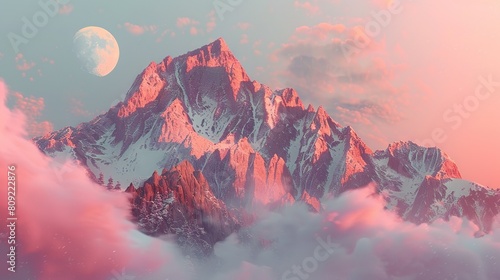  A mountain draped in pink clouds, crowned by a luminous full moon atop its peak