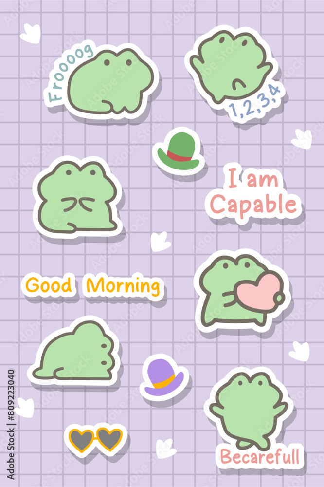 Fototapeta premium adorable frog pastel cartoon and motivational sticker design bundle