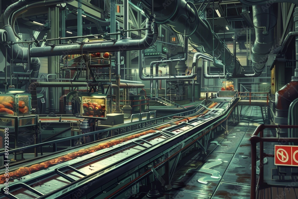 A painting depicting a bustling train station with intricate pipelines and structures, A detailed depiction of a food processing plant with machinery and conveyor belts