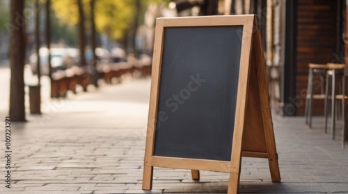 Signboard on the street. Empty menu board stand. Restaurant sidewalk chalkboard sign board. Freestanding A-frame blackboard near flower shop ur cafe. Copyspace for text photo