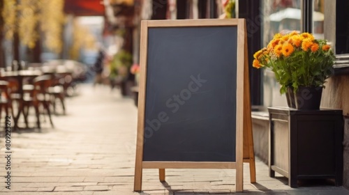 Signboard on the street. Empty menu board stand. Restaurant sidewalk chalkboard sign board. Freestanding A-frame blackboard near flower shop ur cafe. Copyspace for text