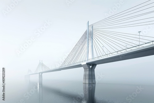 A long, state-of-the-art suspension bridge crosses a wide body of water, A detailed diagram of a state-of-the-art suspension bridge