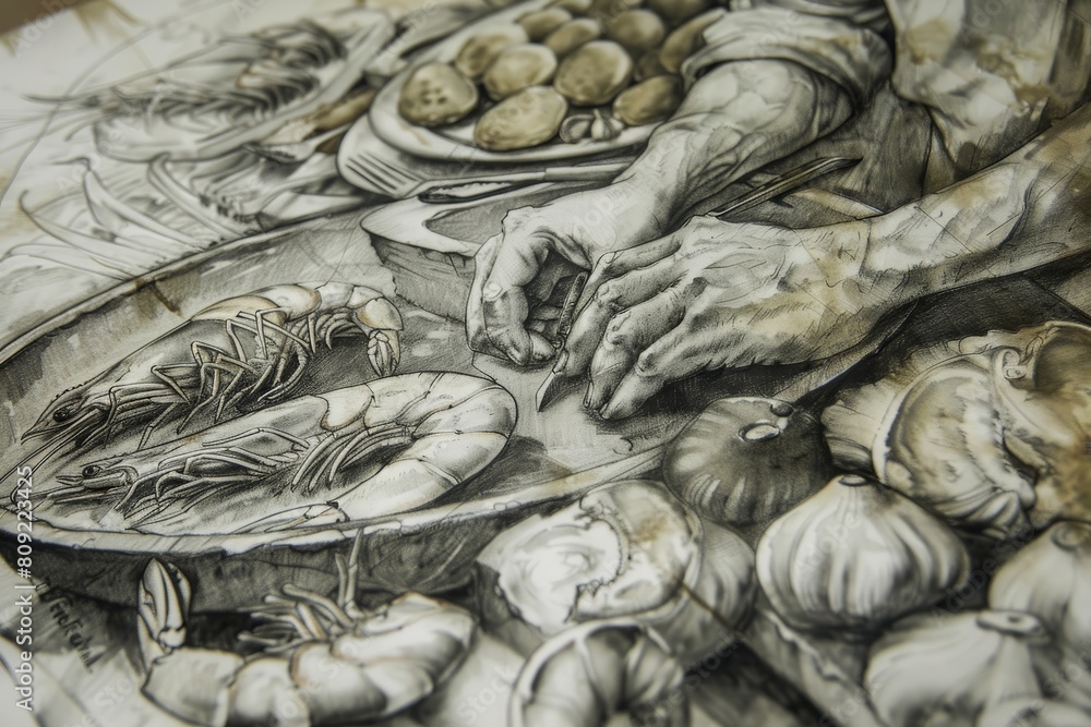 Detailed drawing of a chef holding a bowl of seafood, showcasing culinary skills, A detailed drawing of a chef preparing a seafood feast with precision and skill Detailed drawing of a chef holding a bowl of seafood, showcasing culinary skills, A detailed drawing of a chef preparing a seafood feast with precision and skill