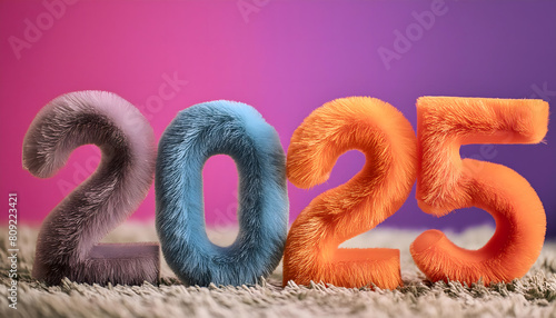 pelzige, fell, zahlen, 3d, bunt, 2025, happy, neu, jahr, pelz, vibrant, Farben, neu, silvester, atelier, studio, abstrakt, deko, zahl, plüsch, teddy, knubbelig, retro, style, pop, art, kreativ, design photo