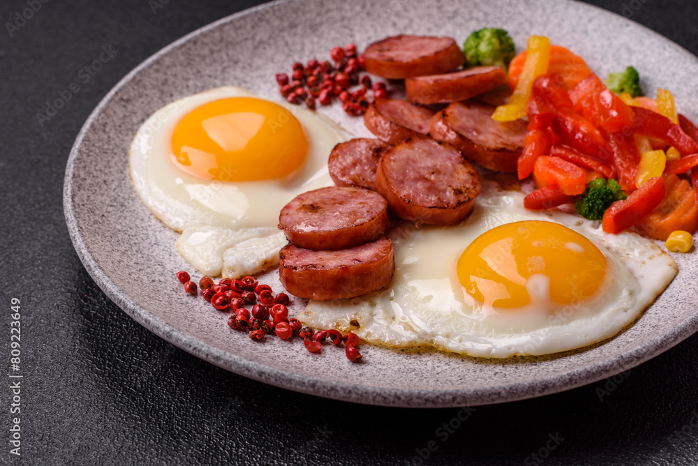 Delicious nutritious breakfast with fried eggs, sausage, steamed vegetables Delicious nutritious breakfast with fried eggs, sausage, steamed vegetables