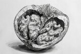 Detailed pencil drawing showcasing the complex structure of a brain, A detailed drawing of a walnut shell