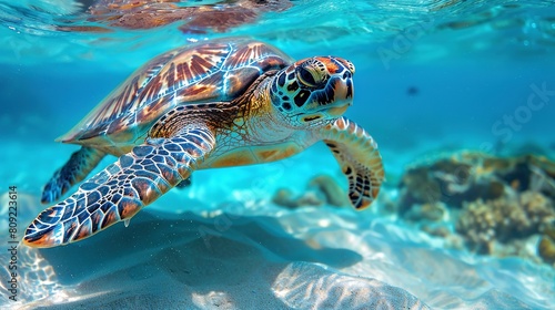  Sea turtle swimming in rocky waters