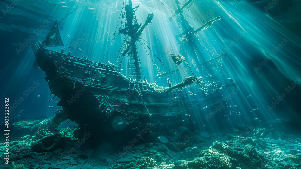 A captivating scene of a sunken galleon ship bathed in sunlight on the ocean's floor A captivating scene of a sunken galleon ship bathed in sunlight on the ocean's floor